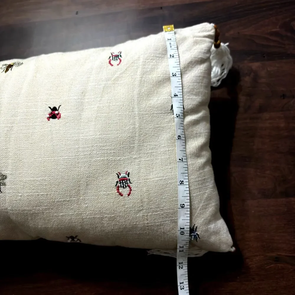 Bug Insect Butterfly Embroidered Pillow w/ Tassels, Beetles, Bees, ladybugs 22